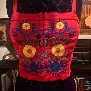 Vibrant Red Floral Embroidered Crop Top